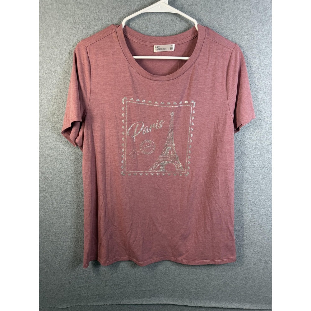 89th + Madison Shirt Womens Large Pink Paris Eiffel Tower Glitter Graphic Tee